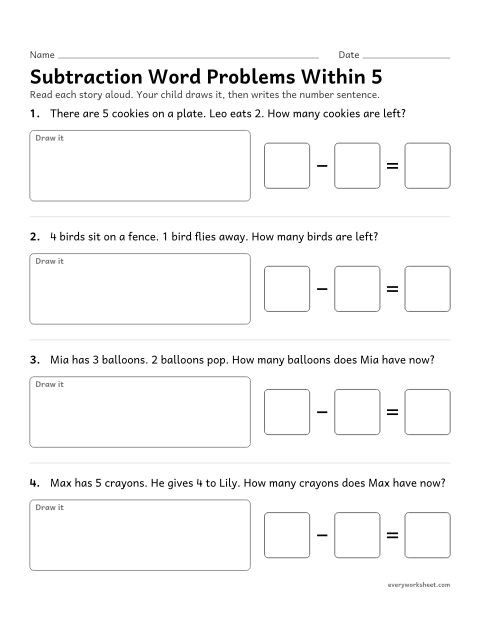 Preview of the printable “Subtraction word problems within 5” worksheet: solving subtraction word problems within 5 by drawing