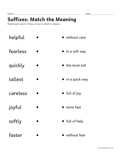 Preview of the printable “Suffixes: match the meaning” worksheet: using the suffix to tell what a word means