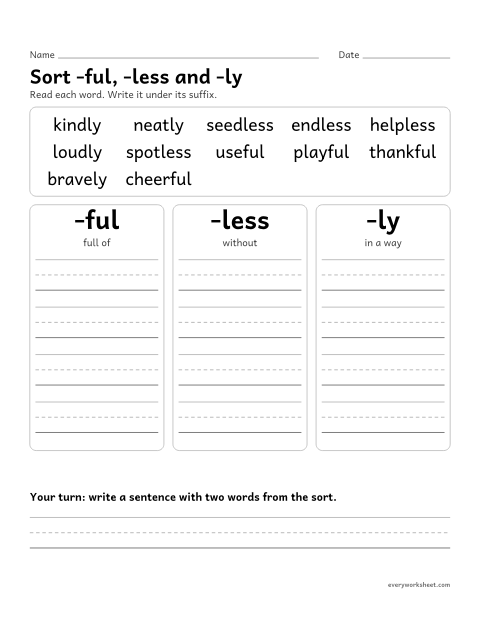 Preview of the printable “Sort -ful, -less and -ly words” worksheet: sorting words by their suffix