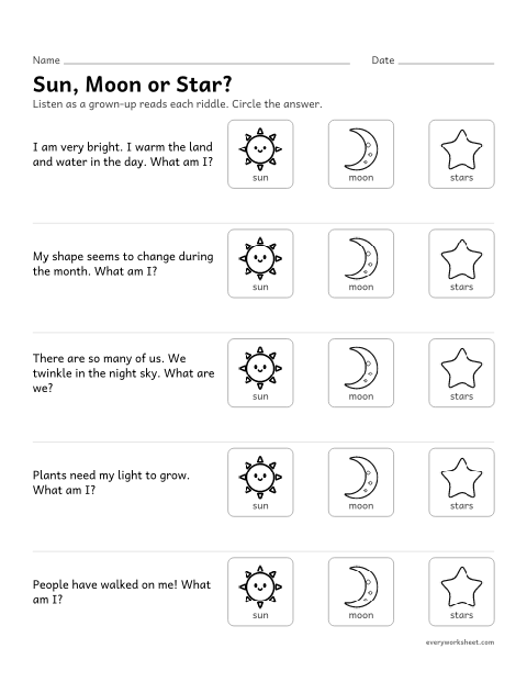 Preview of the printable “Sun, moon or Star? sky riddles” worksheet: using clues to tell the sun, moon and stars apart
