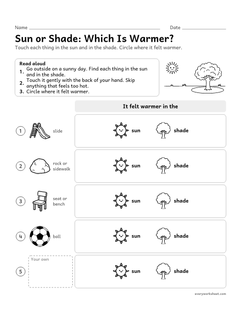 Preview of the printable “Sunny vs shady observation record sheet” worksheet: observing how sunlight warms things
