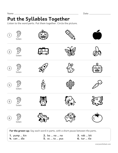 Preview of the printable “Put the syllables together” worksheet: blending syllables to say a word