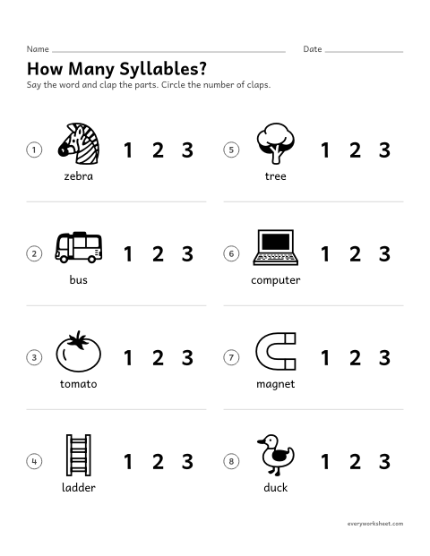 Preview of the printable “How many Syllables?” worksheet: counting syllables and matching the number