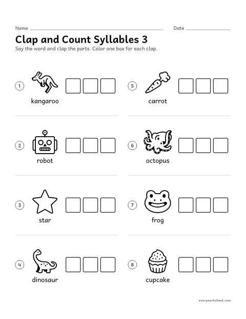 Preview of the printable “Clap and count syllables 3” worksheet: counting syllables in words of one to three syllables