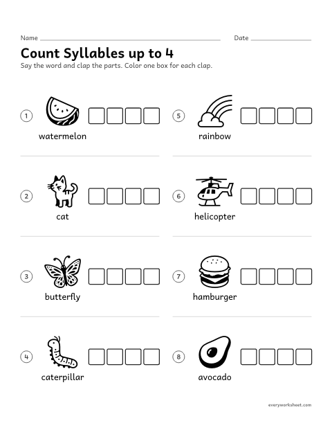 Preview of the printable “Count syllables up to 4” worksheet: counting syllables in longer words