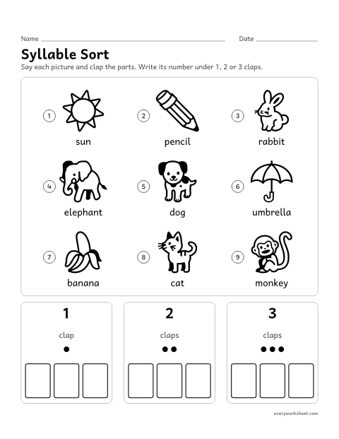 Preview of the printable “Syllable sort” worksheet: sorting words by number of syllables