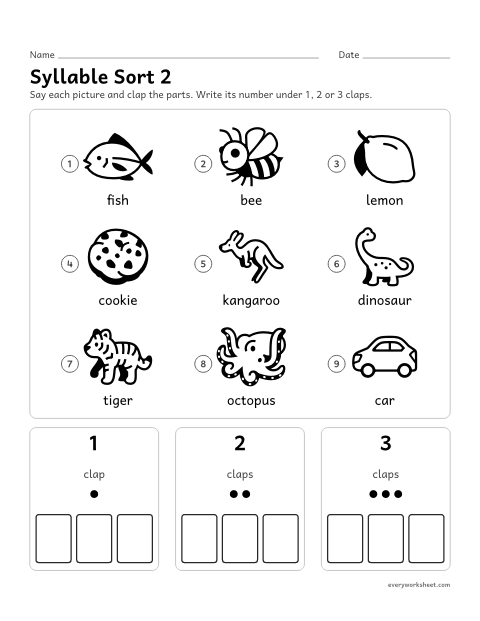 Preview of the printable “Syllable sort 2” worksheet: sorting words by number of syllables