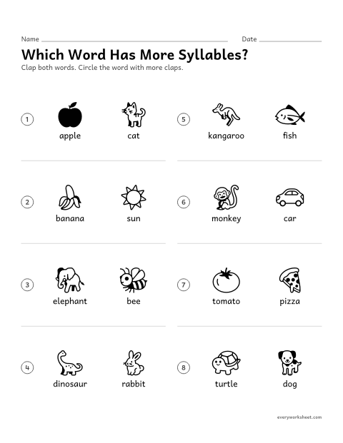 Preview of the printable “Which word has more Syllables?” worksheet: comparing the number of syllables in two words