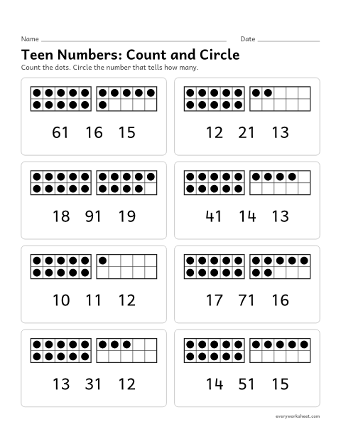 Preview of the printable “Teen Numbers: count and circle” worksheet: matching ten frames to teen numbers 11 to 19