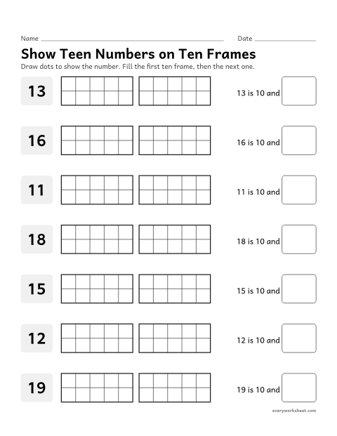 Preview of the printable “Show teen numbers on ten frames” worksheet: building 11 to 19 from ten ones and some more ones