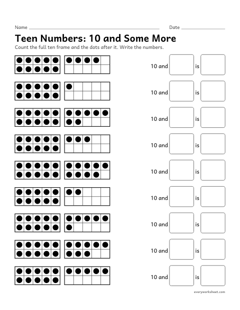 Preview of the printable “Teen Numbers: 10 and some more” worksheet: seeing 11 to 19 as ten ones and some more ones