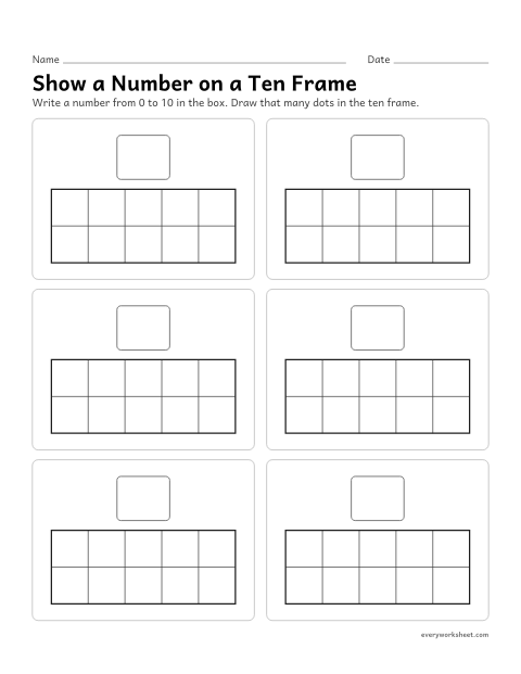 Preview of the printable “Show a number on a ten frame” worksheet: writing a number and showing it on a ten frame