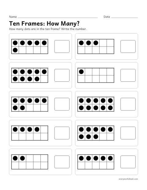 Preview of the printable “Ten Frames: how Many?” worksheet: reading amounts 1 to 10 on a ten frame