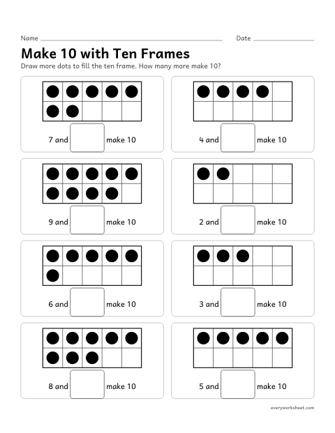 Preview of the printable “Make 10 with ten frames” worksheet: finding the number that makes 10