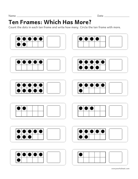 Preview of the printable “Ten Frames: which has More?” worksheet: comparing amounts in ten frames