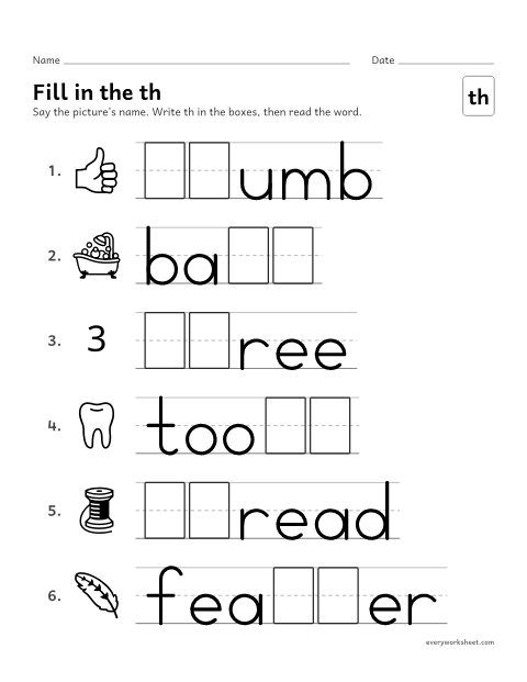 Preview of the printable “Fill in the th” worksheet: writing the th digraph in words