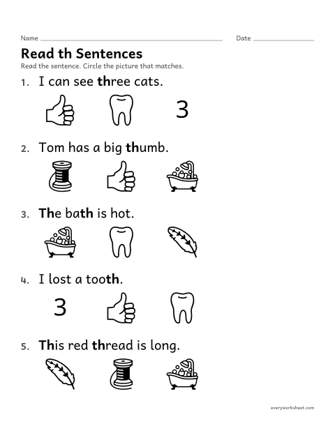 Preview of the printable “Read th sentences” worksheet: reading short sentences with th words