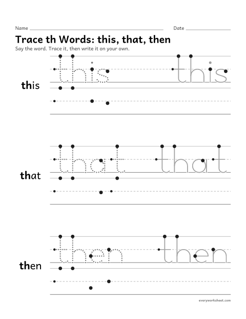 Preview of the printable “Trace th Words: this, that, then” worksheet: writing words with the th digraph