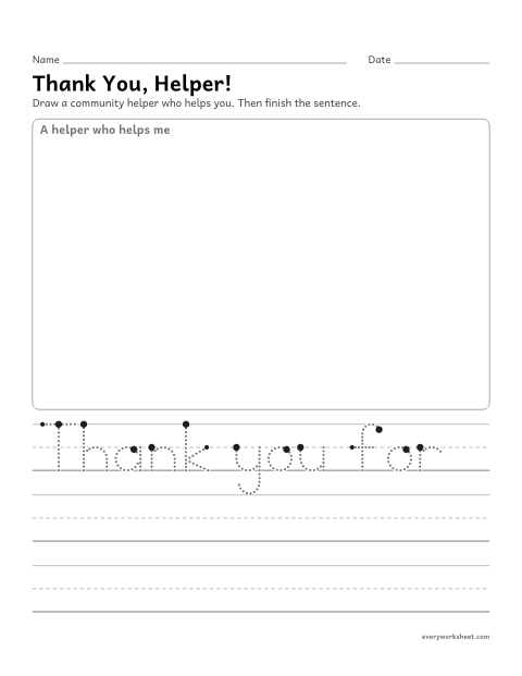 Preview of the printable “Thank you community helper writing page” worksheet: drawing and writing a thank-you to a community helper