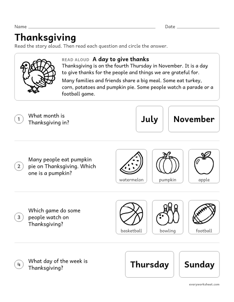 Preview of the printable “Thanksgiving Read-Aloud” worksheet: listening to facts about Thanksgiving and answering questions