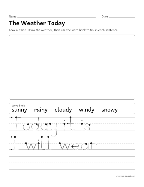 Preview of the printable “The weather today writing prompt” worksheet: telling about the weather and what to wear