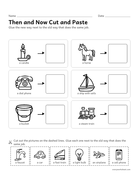 Preview of the printable “Then and now cut and paste” worksheet: matching things people used long ago to the things we use for the same job today (cut and paste)