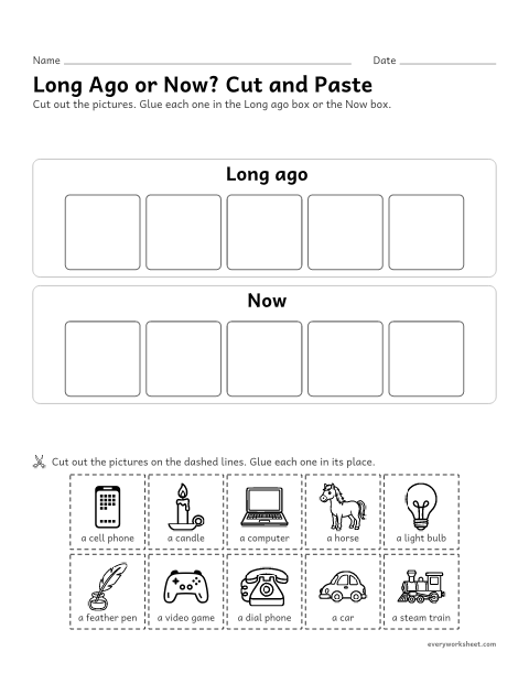 Preview of the printable “Then or now cut and paste sort” worksheet: sorting pictures into things from long ago and things from today (cut and paste)