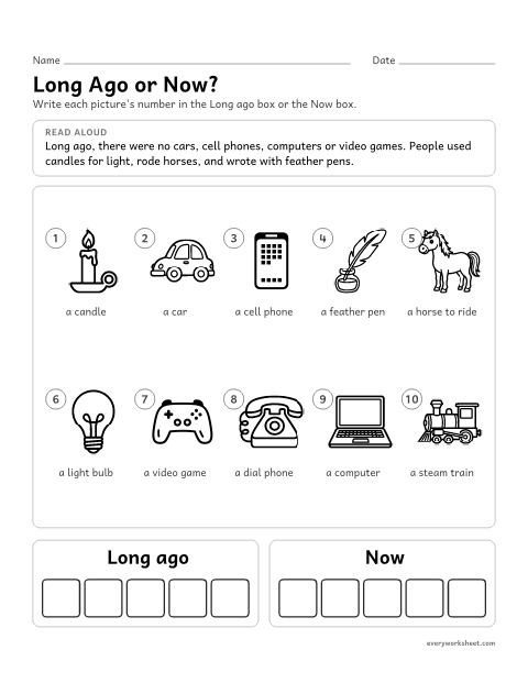 Preview of the printable “Then or now picture sort” worksheet: sorting pictures into things from long ago and things from today