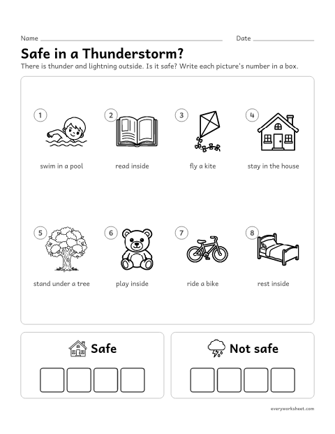 Preview of the printable “Thunderstorm safety Sort: safe or not safe” worksheet: sorting safe and unsafe actions during a thunderstorm