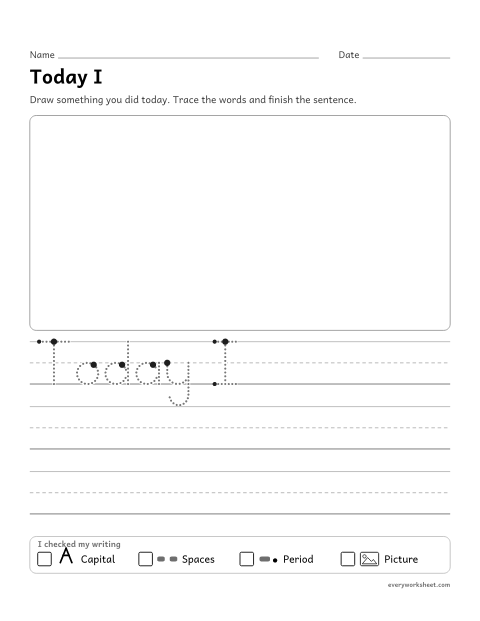 Preview of the printable “Today I journal page” worksheet: writing about something that happened today