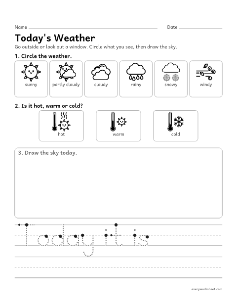 Preview of the printable “Today's weather observation sheet” worksheet: observing and describing today's weather