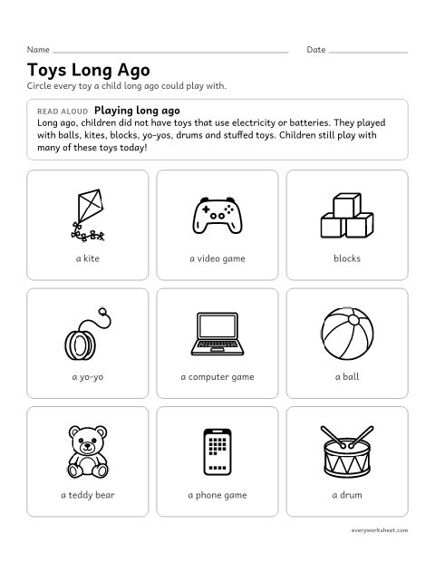 Preview of the printable “Toys long ago” worksheet: telling which toys children could play with long ago