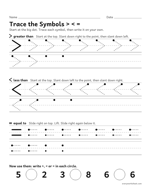Preview of the printable “Trace the symbols > < =” worksheet: writing the symbols >, < and =