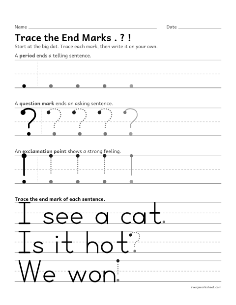 Preview of the printable “Trace the end marks . ? !” worksheet: writing periods, question marks and exclamation points