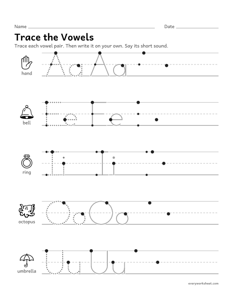 Preview of the printable “Trace the vowels” worksheet: writing the five vowels