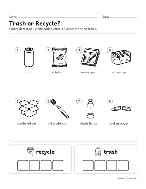 Preview of the printable “Trash or recycle sort” worksheet: sorting things into trash and recycling