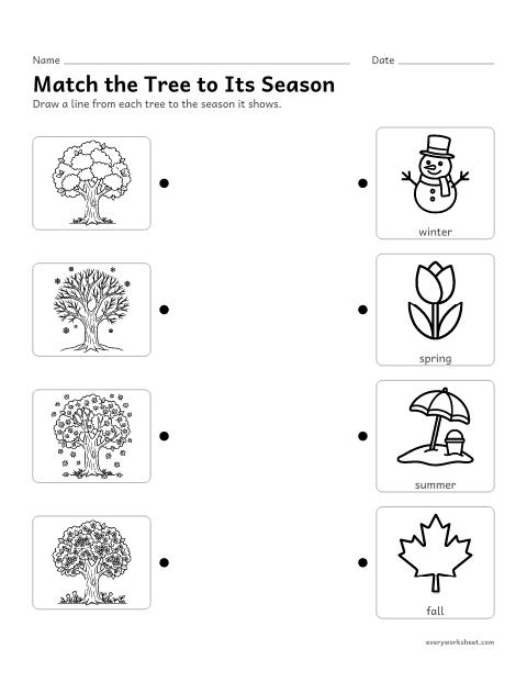 Preview of the printable “Trees in four Seasons: match the season” worksheet: matching pictures of a tree to the four seasons