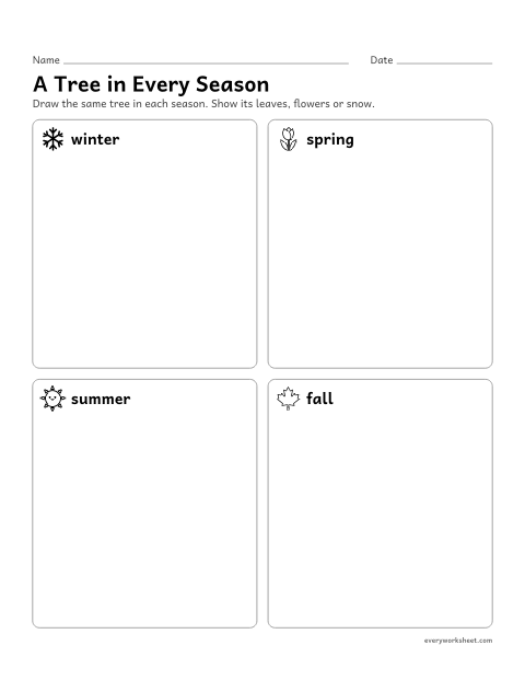 Preview of the printable “Trees in four Seasons: draw a tree” worksheet: drawing how a tree changes through the seasons