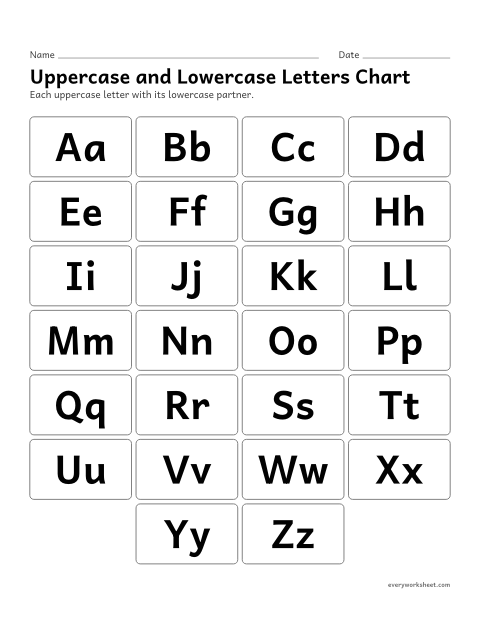 Preview of the printable “Uppercase and lowercase letters chart” worksheet: knowing the letters of the alphabet in order