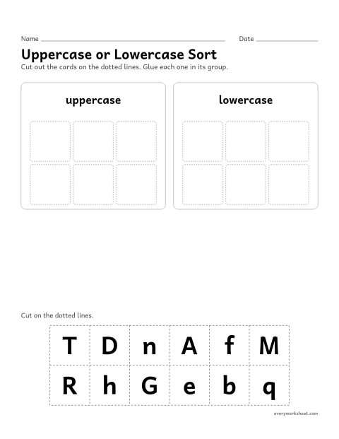Preview of the printable “Uppercase or lowercase sort” worksheet: sorting uppercase and lowercase letters