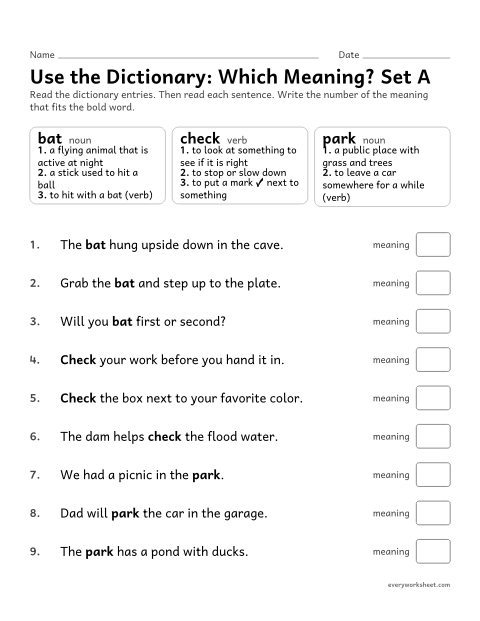 Preview of the printable “Use the Dictionary: which Meaning? set A” worksheet: using a dictionary entry to choose the meaning that fits a sentence