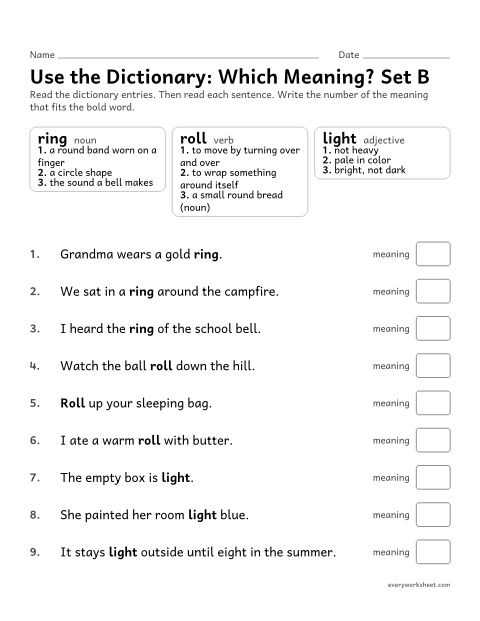 Preview of the printable “Use the Dictionary: which Meaning? set B” worksheet: using a dictionary entry to choose the meaning that fits a sentence