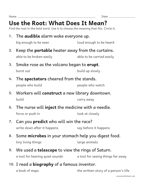 Preview of the printable “Use the Root: what does it Mean?” worksheet: using a Greek or Latin root as a clue to a word's meaning