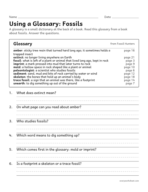 Preview of the printable “Using a Glossary: fossils” worksheet: using a glossary to find word meanings and page numbers in a nonfiction book