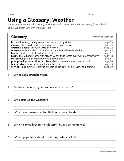 Preview of the printable “Using a Glossary: weather” worksheet: using a glossary to find word meanings and page numbers in a nonfiction book