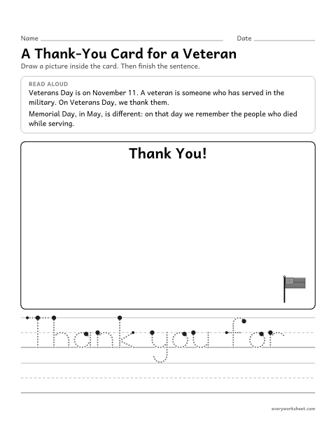 Preview of the printable “Veterans day Thank-You card” worksheet: making a thank-you card for a veteran
