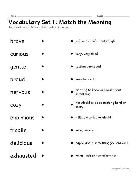 Preview of the printable “2nd grade vocabulary set 1: match the meaning” worksheet: matching set 1 vocabulary words to their meanings