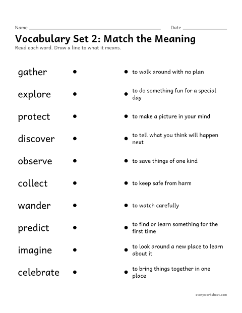 Preview of the printable “2nd grade vocabulary set 2: match the meaning” worksheet: matching set 2 vocabulary words to their meanings
