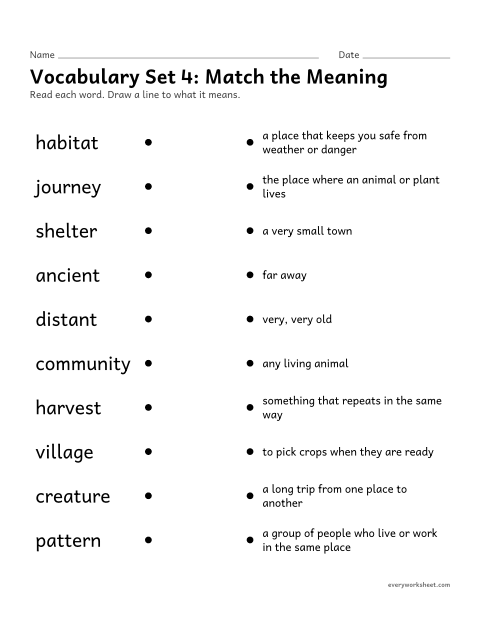 Preview of the printable “2nd grade vocabulary set 4: match the meaning” worksheet: matching set 4 vocabulary words to their meanings