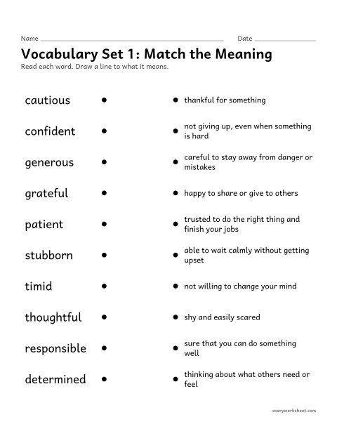 Preview of the printable “3rd grade vocabulary set 1: match the meaning” worksheet: matching set 1 vocabulary words (character words) to their meanings